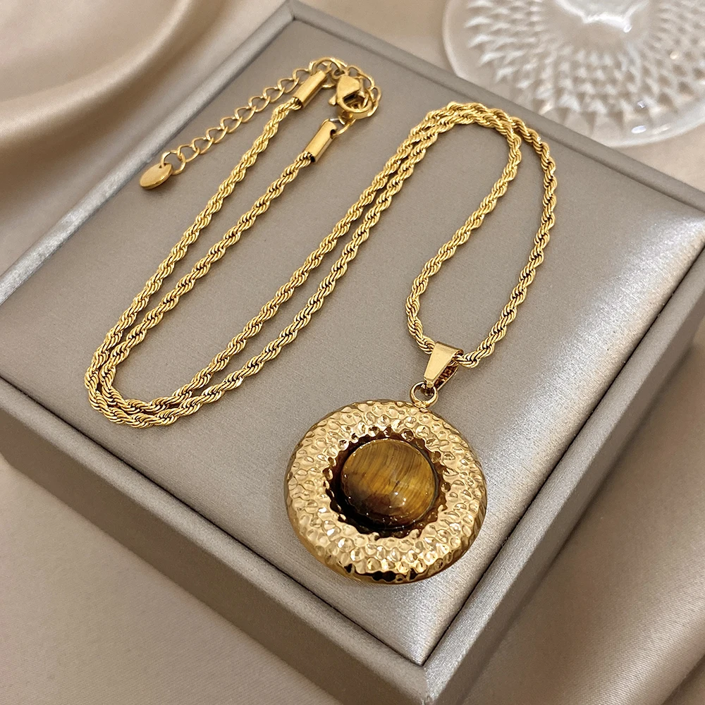 Greatera Chic vergoldete strukturierte Naturstein Anhänger Halskette Vintage Persönlichkeit Edelstahl wasserdicht Damen Schmuck Geschenk