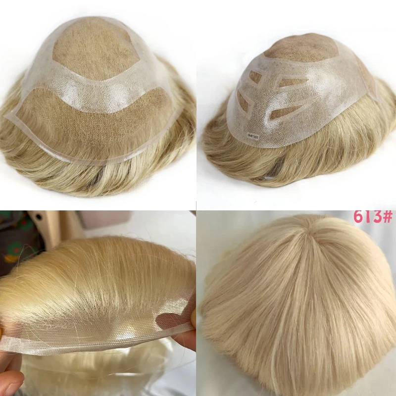 HD Swiss Lace & PU Men's Toupee European Human Hair Replacement System For Men #613 Blonde Color Hairpiece