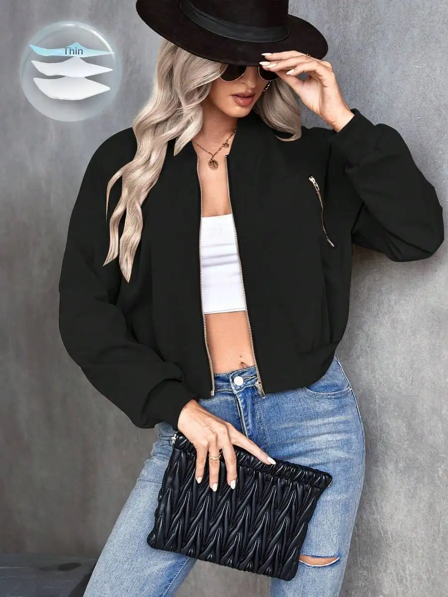 

Black Solid Zip-Up Bomber Jacket for Women, Lightweight Fall Winter Outerwear