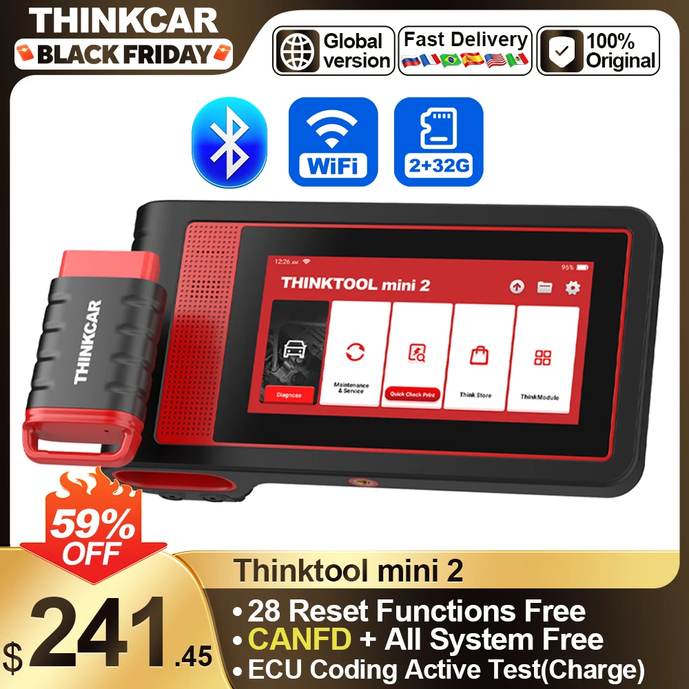 THINKTOOL MINI 2 Auto OBD2 Scanner Car Diagnostic Tool Full System Scan Tool Support Bidirectional Control ECU Coding 28 Resets