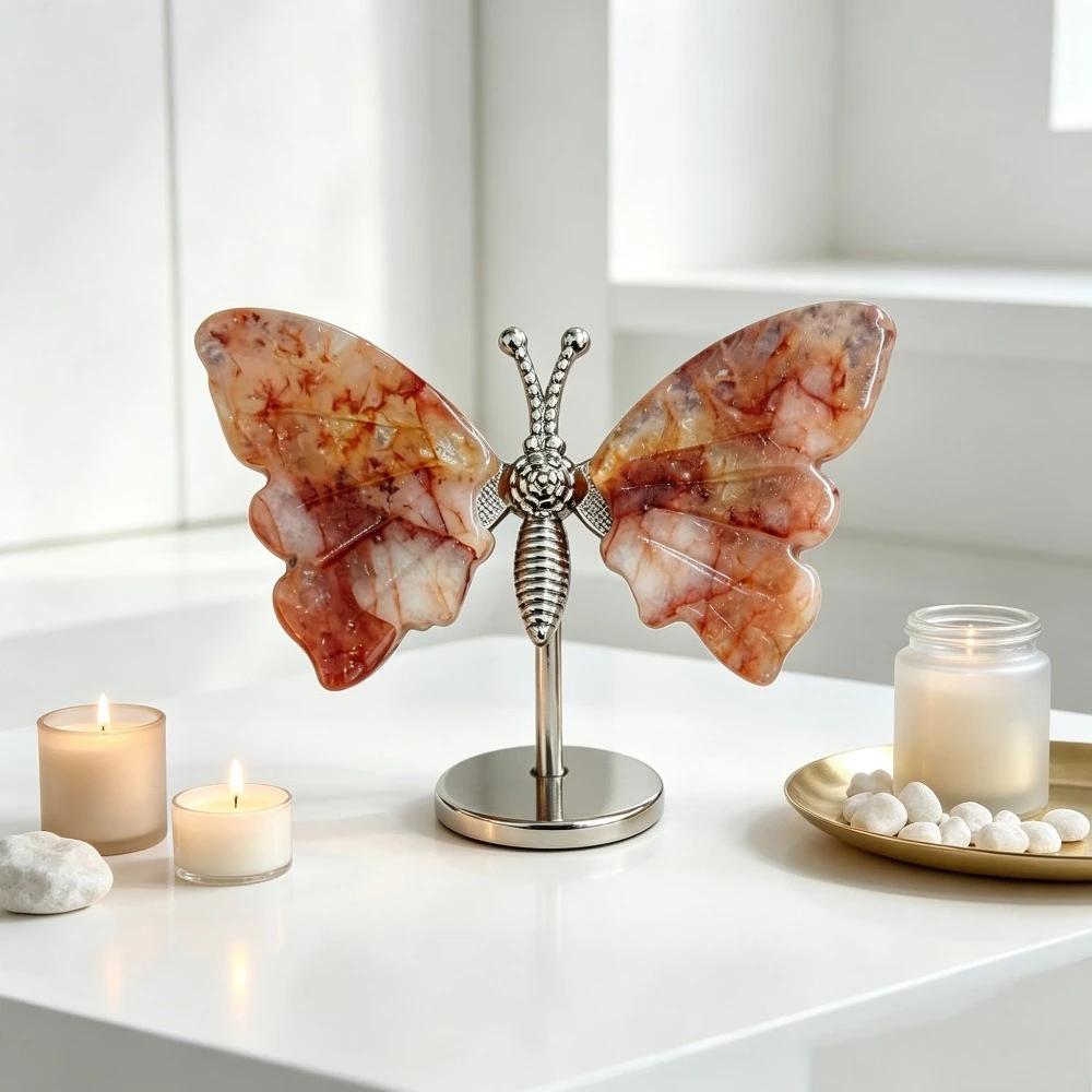 Natural Fire Quartz Butterfly Wings Figurine with Metal Stand Crystal Stone Ornament for Home Desk Decor Gift for Crystal Lovers
