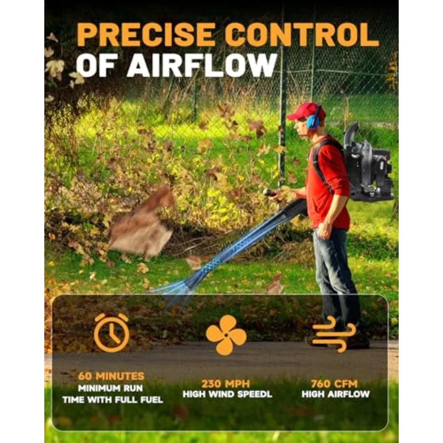 72CC Gas Backpack Leaf Blower - 2-Stroke Handheld-Class V Engine 230 MPH 760 CFM Adjustable Speed Low Noise Ergonomic Design Cr