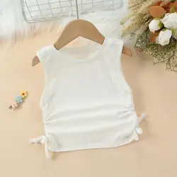 DAYIFUN White Girl's Tank Top Elastic Waist Design Tshirts Short Style Girl's Solid Color Sleeveless Round Neck T-shirt with Bow