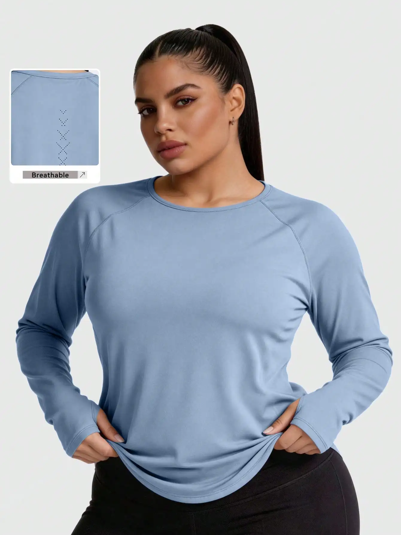 Plus Size Long Sleeve Workout Top Round Neck Curved Hem Thumb Holes Breathable Running Cycling Gym Tshirt