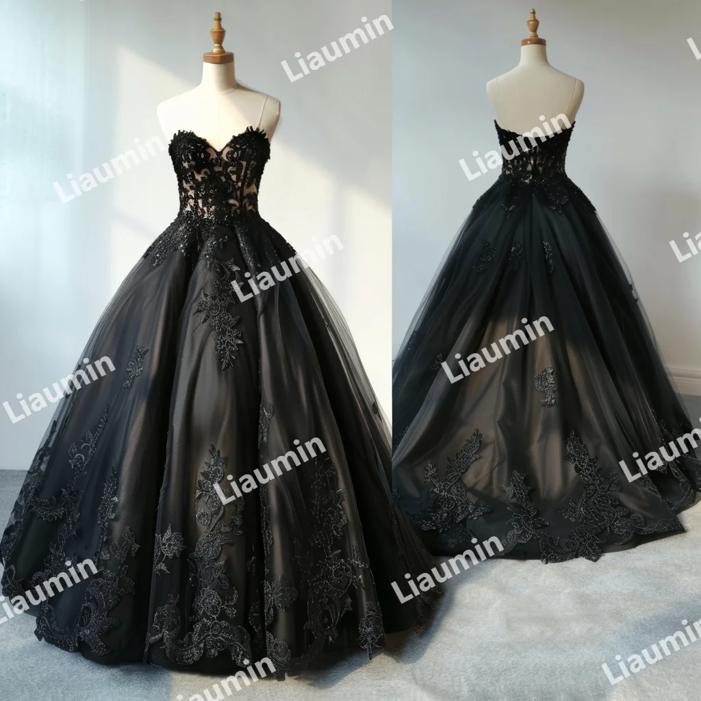 Black Tulle Lace Applique vestido de baile, Sem alças, Prom Formal Ocasion Dress, Festa à noite, Personalizado, Lá nas costas, Feito à mão, A3-2