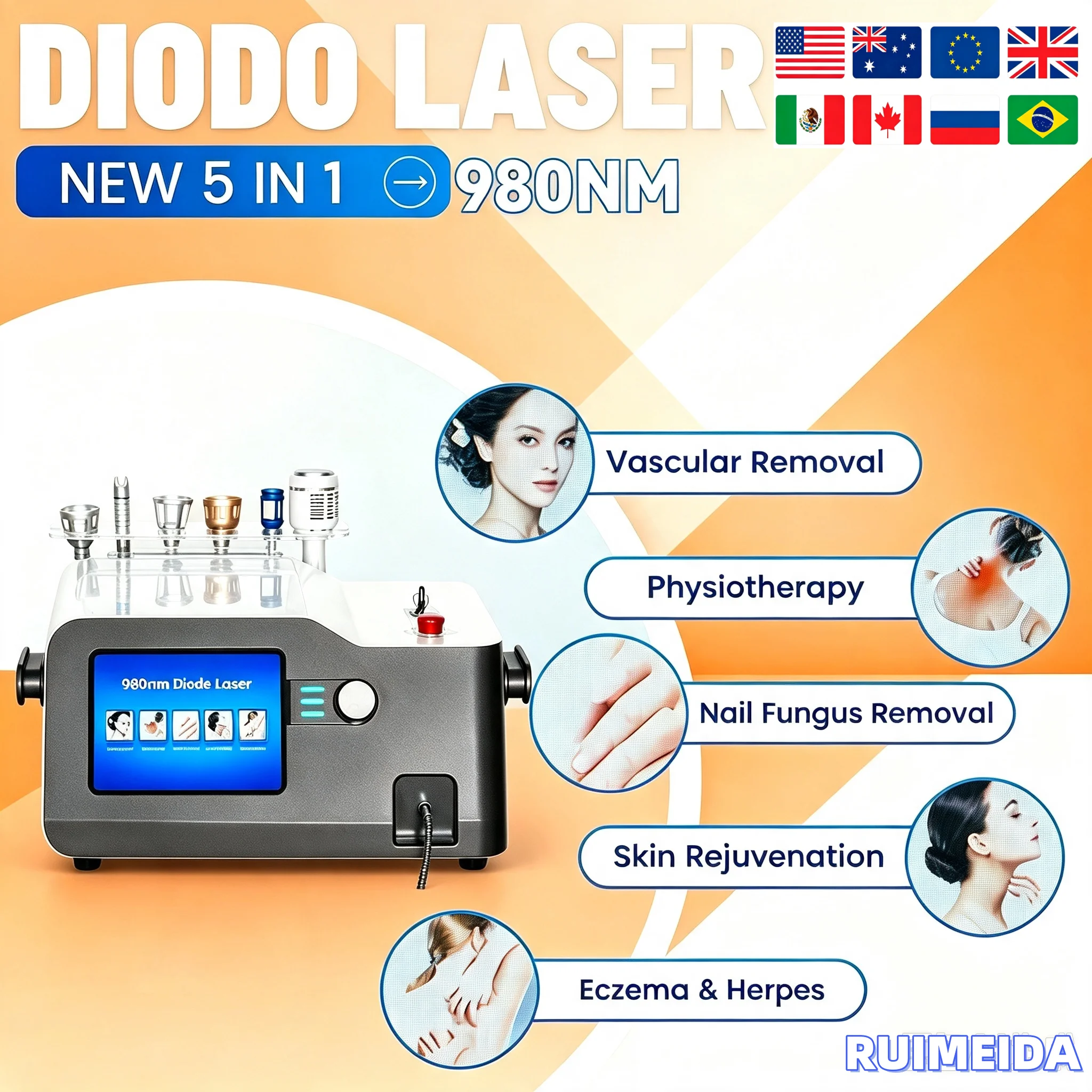 Diode Lase 980nm 5in1 Blood Vessels Machine 6in1 Fiber Optic Lipolysis Nail Fungus Removal Eczema Herpes Skin Rejuvenation CE