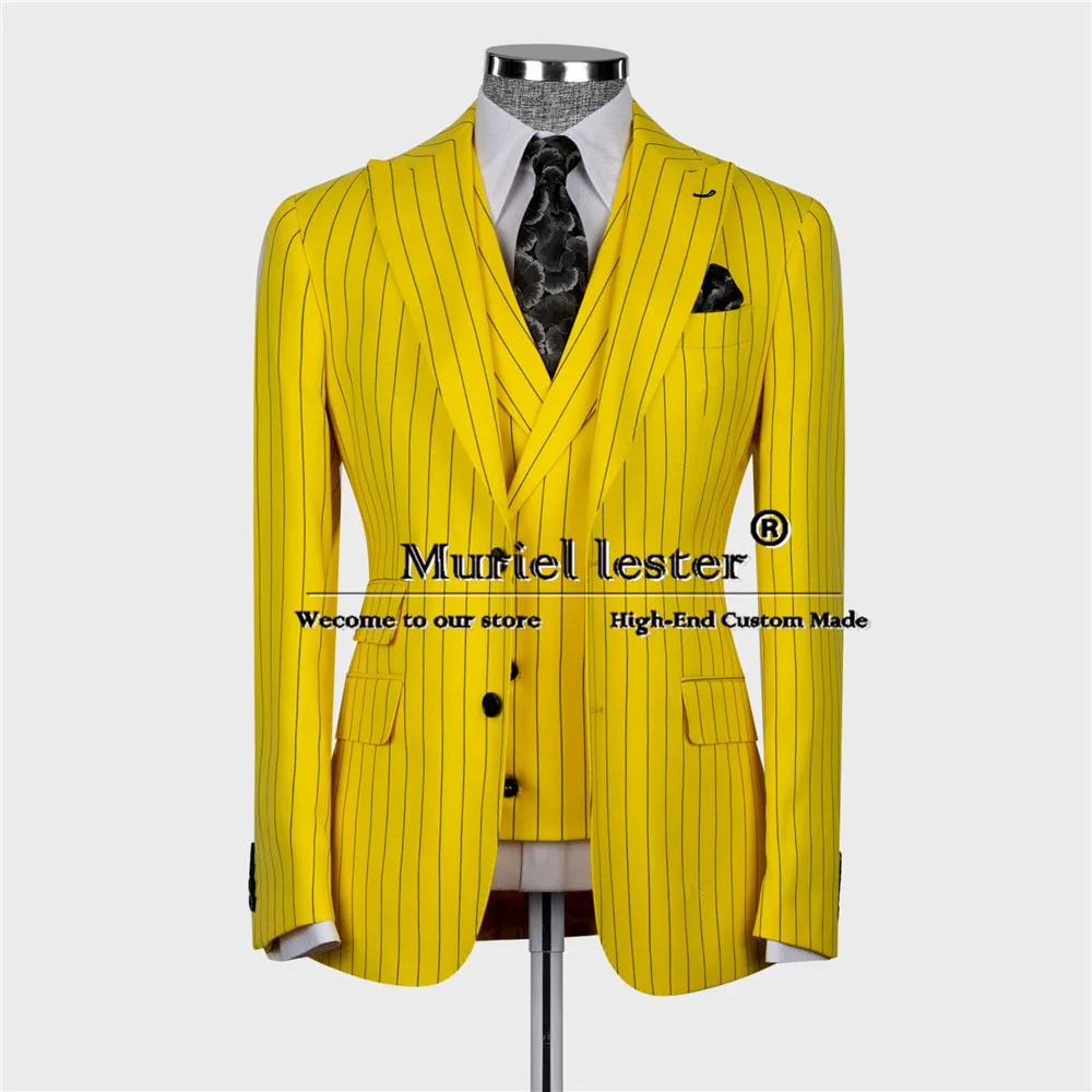 

Man Fashion Striped Yellow Suits Tailored Made 3 Pieces Daily Business Office Prom Blazer Formal Party Bridegroom Wedding Tuxedo