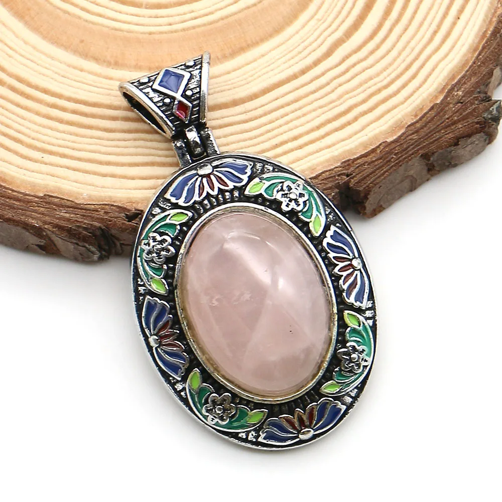 

New Vintage Natural Stone Pendant Rose Quartz Bule Turquoise Oval Shape Charms Jewelry Necklace Suitable for DIY Accessories