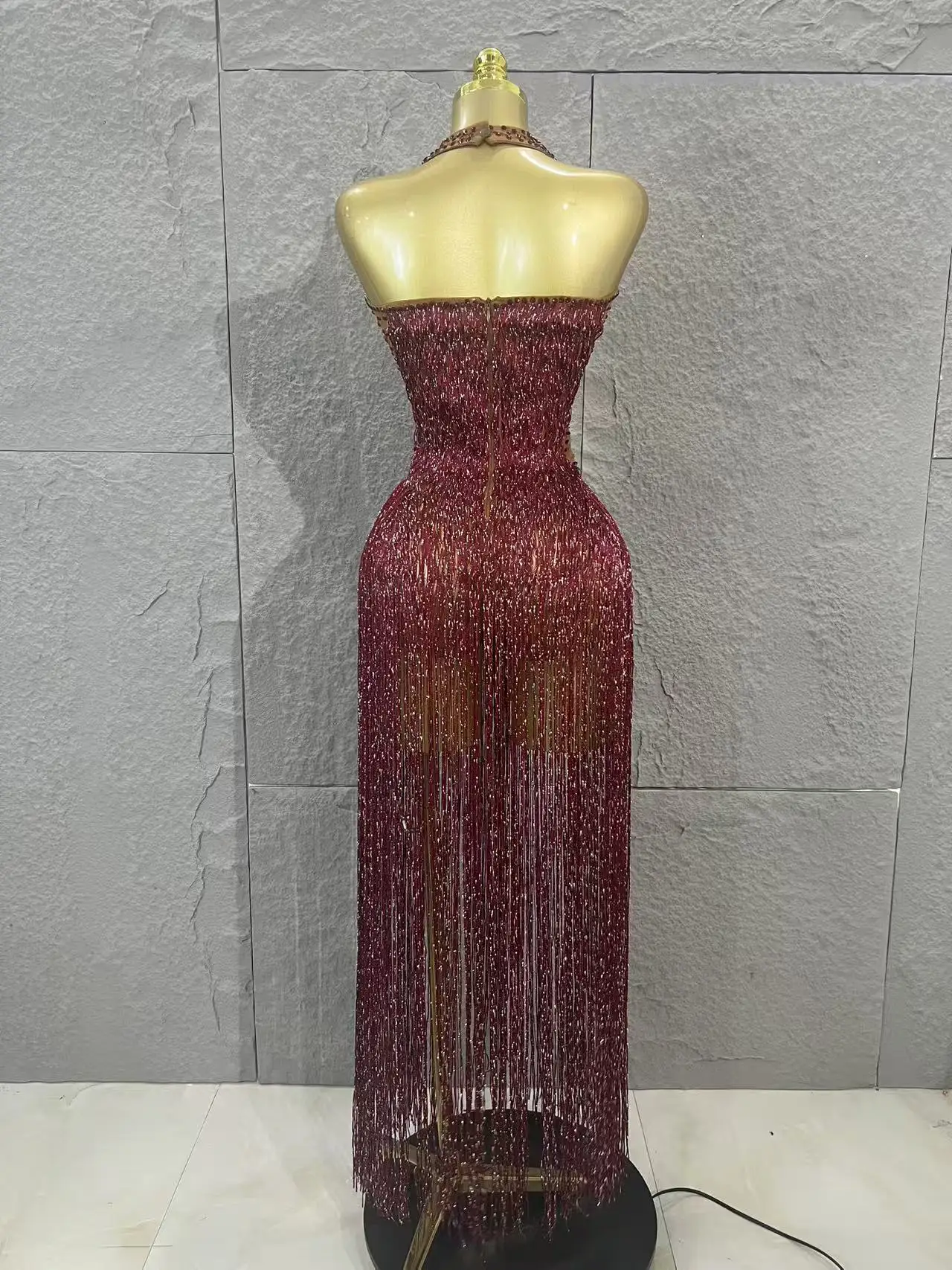 Sexy Weinrotes Quasten-Maxikleid Formelles Abendkleid Tiefer V-Ausschnitt Bodycon Partykleid für Damen Nachtclub Auftritt Bühnenoutfit