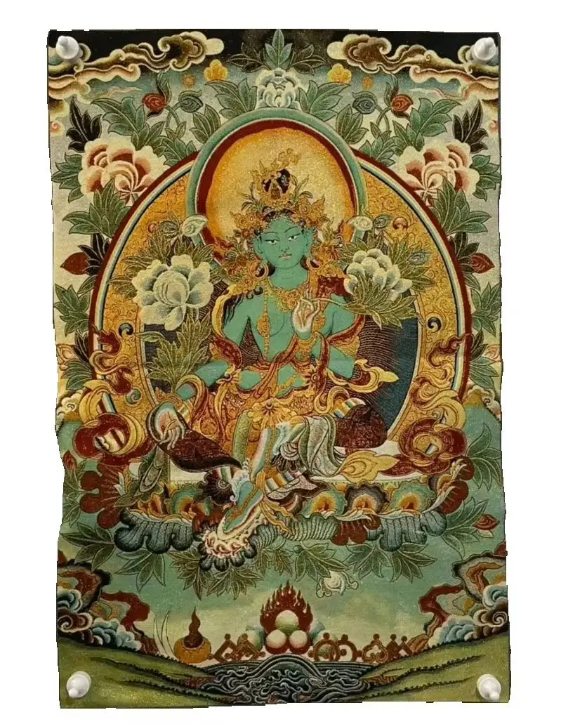 Thangka Embroidery Tibetan Buddhism Silk Embroidery Green Tara Sitting Buddha Thangka Hanging Screen Worship Hall