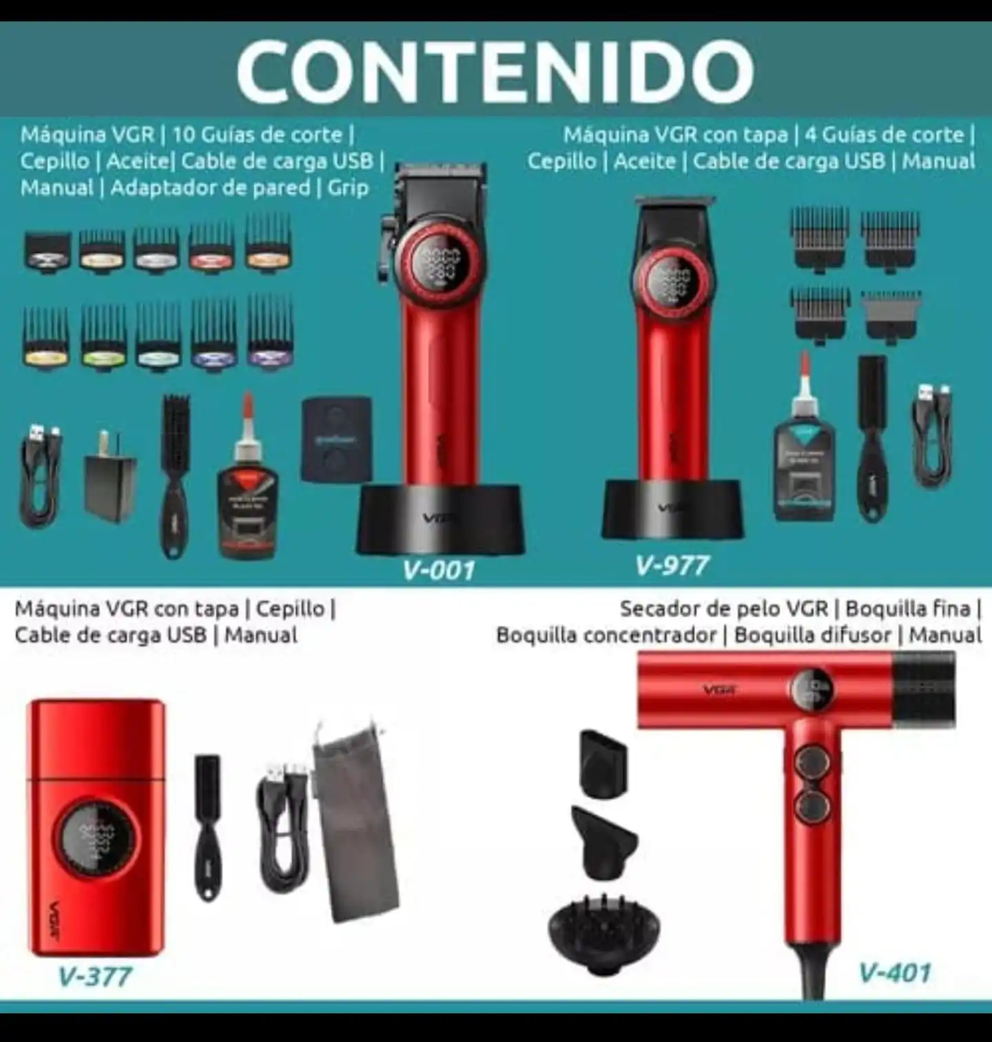 For VGR Professional Barber Combo 4 1 Set 9000RPM High Speed BLDC Hair for Clipper Trimmer Hair Dryer French Operating USB Power