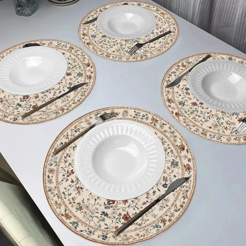 VIKAMA 4-teilige Blumen-Tischmatte mit braunem Rand, ländliche Tischmatte, hitzebeständig, waschbar, für Esstisch, Küche, Heimdekoration