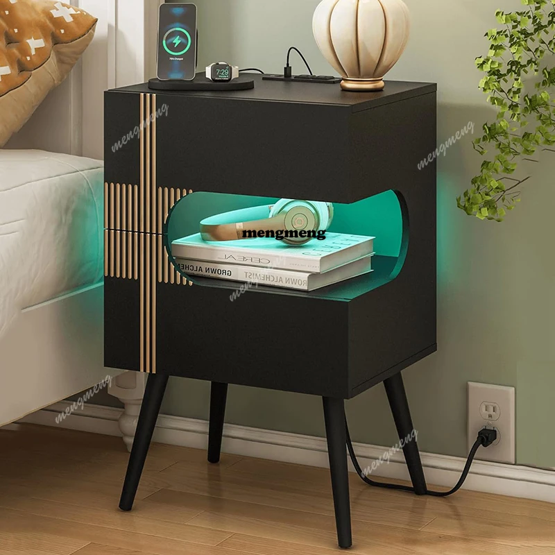 Black Nightstand with Charging Station and LED Lights Modern Bedside Table with 2 Storage Drawer Solid Wood Legs White Black