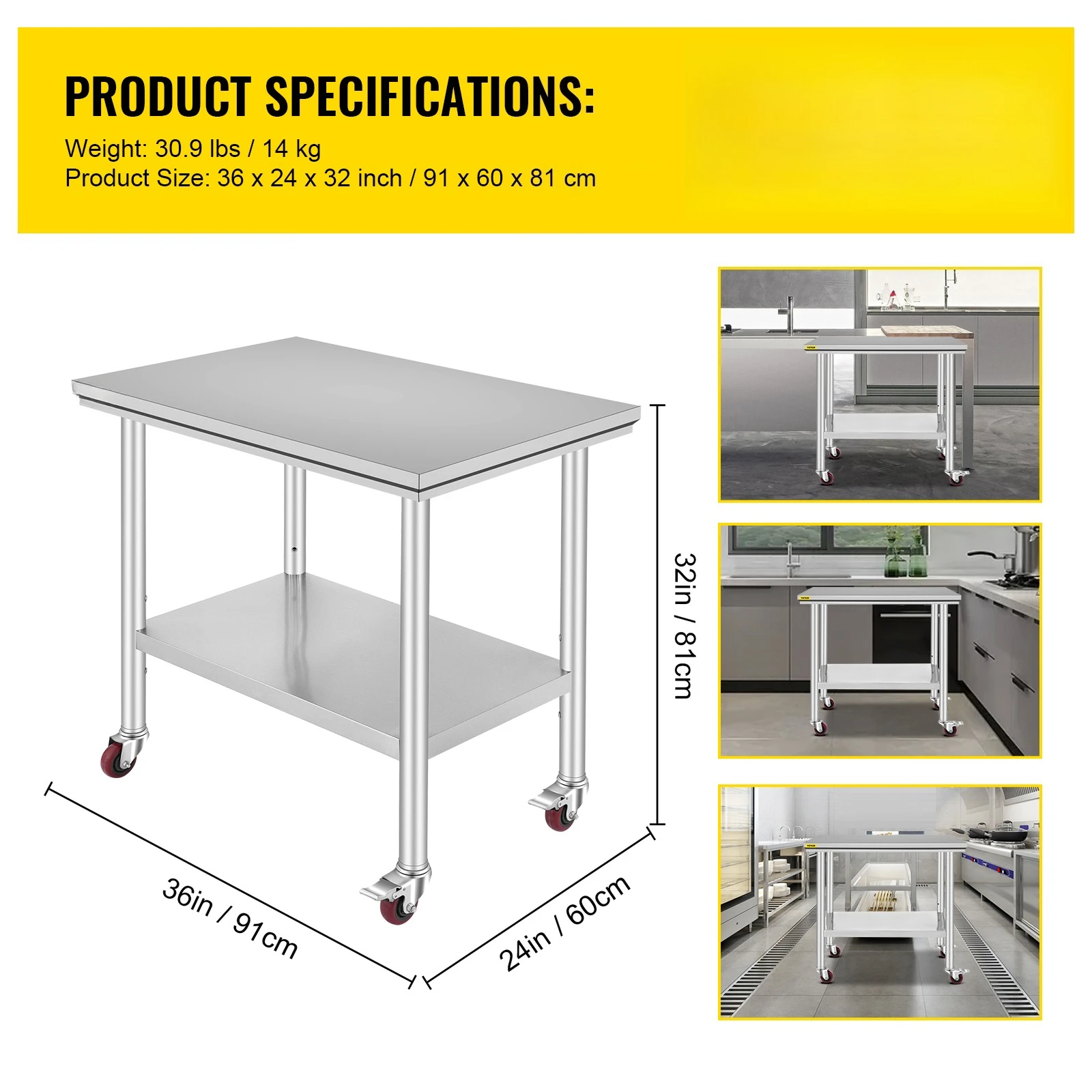 Singwinner RVS keukenwerktafel met planken, commerciële werkbank met wielen voor thuis, restaurant en opslag