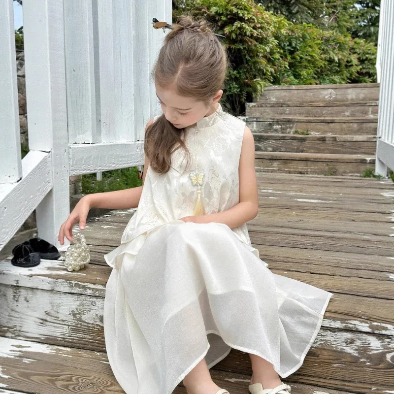 

2025 Summer Dress Children's Chinese Style Sleeveless Top Irregular Skirt Set