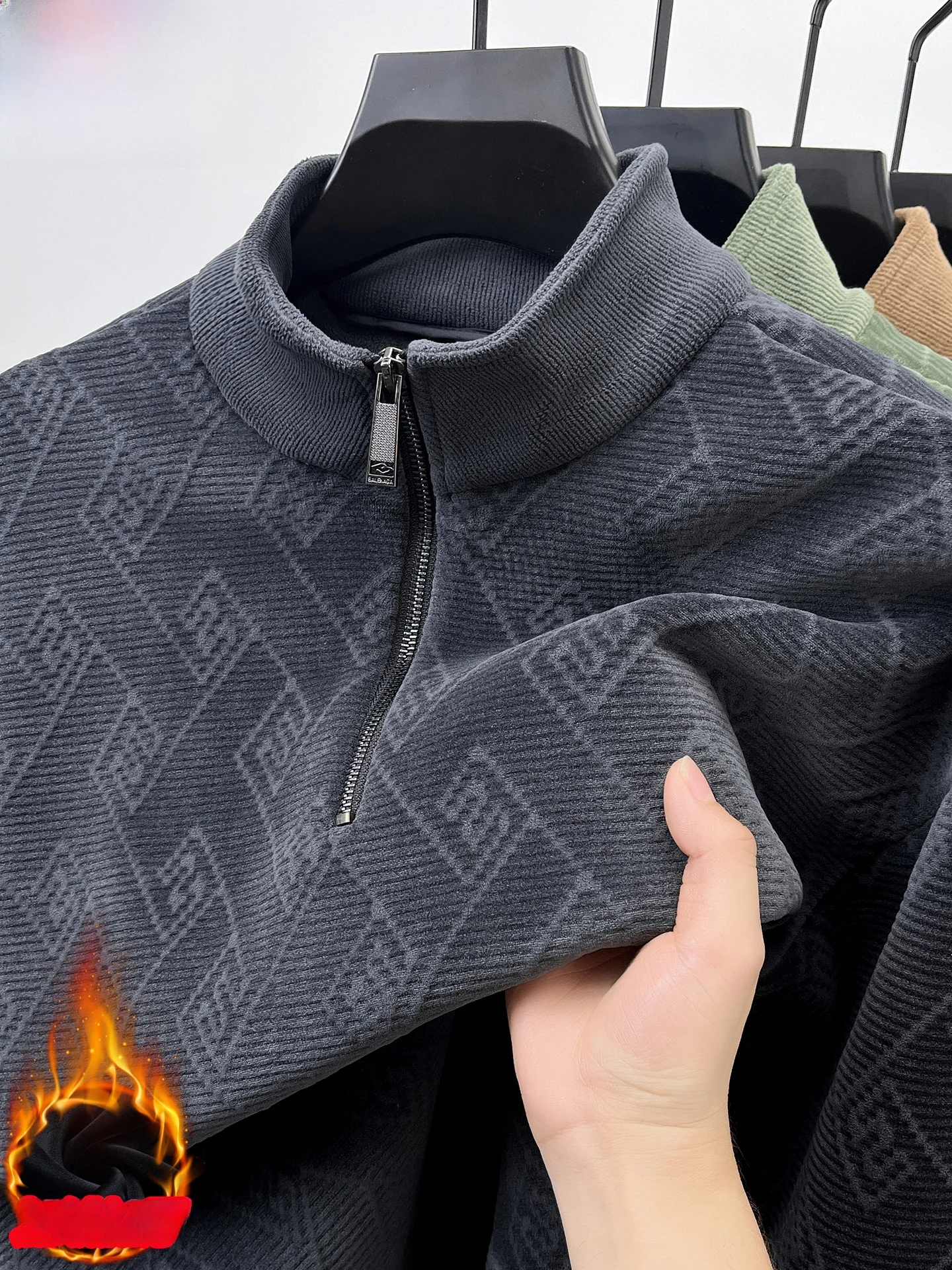 

Thiened Fce Hoodie Men's Casual Faion Ci Winter Base irt f Zipper Stand Collar Regular Sve Lengthened Polyes...