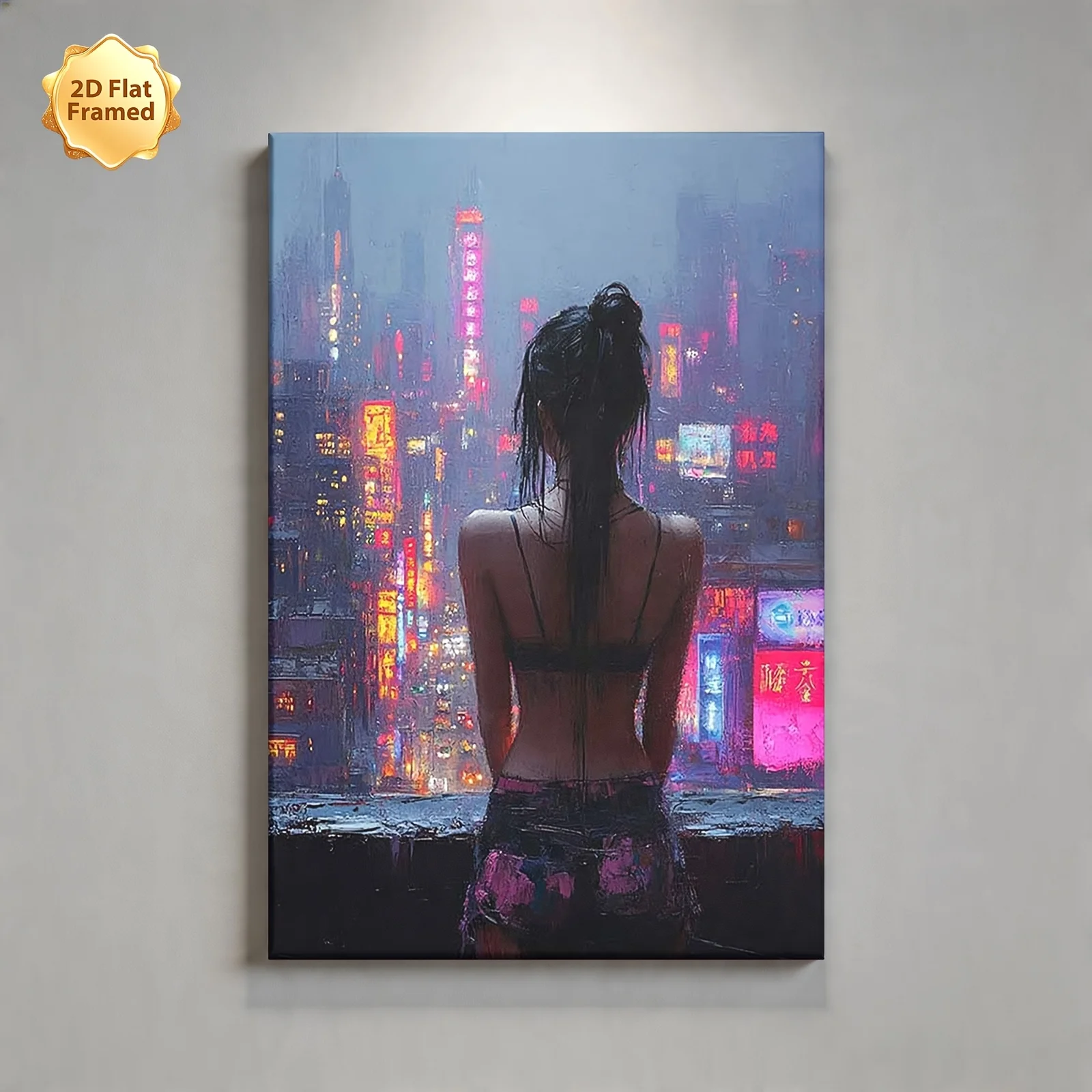 (No frame)2D Flat, 1pc, Framed 2D Flat Canvas Print, Cyberpunk Cityscape with Back View of Woman, Ideal for Decorating Living
