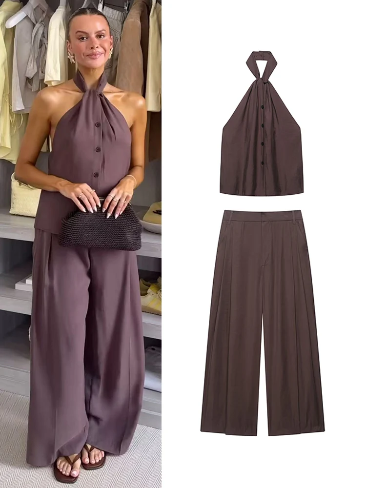 

TFMLN Women's Pants Suit Sexy Backless Sleeveless Halter Top Wide Leg Pants Lady Sets 2025 Summer Solid High Street Outwear