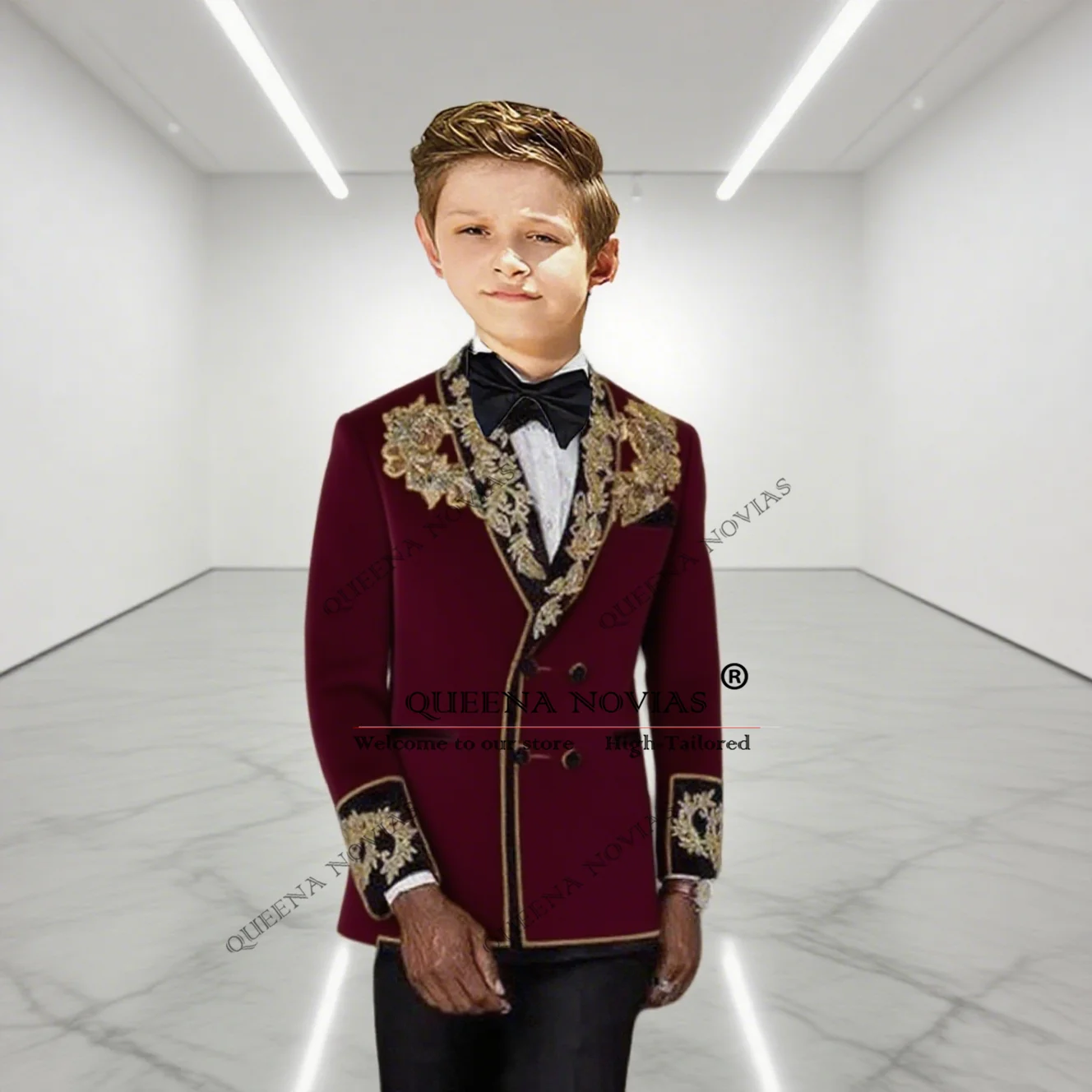 Abito da sposa per bambino da ragazzo su misura 2 pezzi con applicazioni dorate Giacca in velluto Pantaloni Smoking per bambini Giacca doppiopetto slim fit