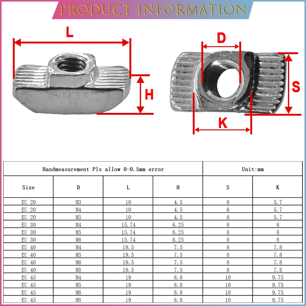 M3 M4 M5 M6 M8 Hammer Head T Nut Thread Standard Embedded T-Slot 20/30/40/45 Series T Hammer Head Nut Aluminum Extrusion Profile