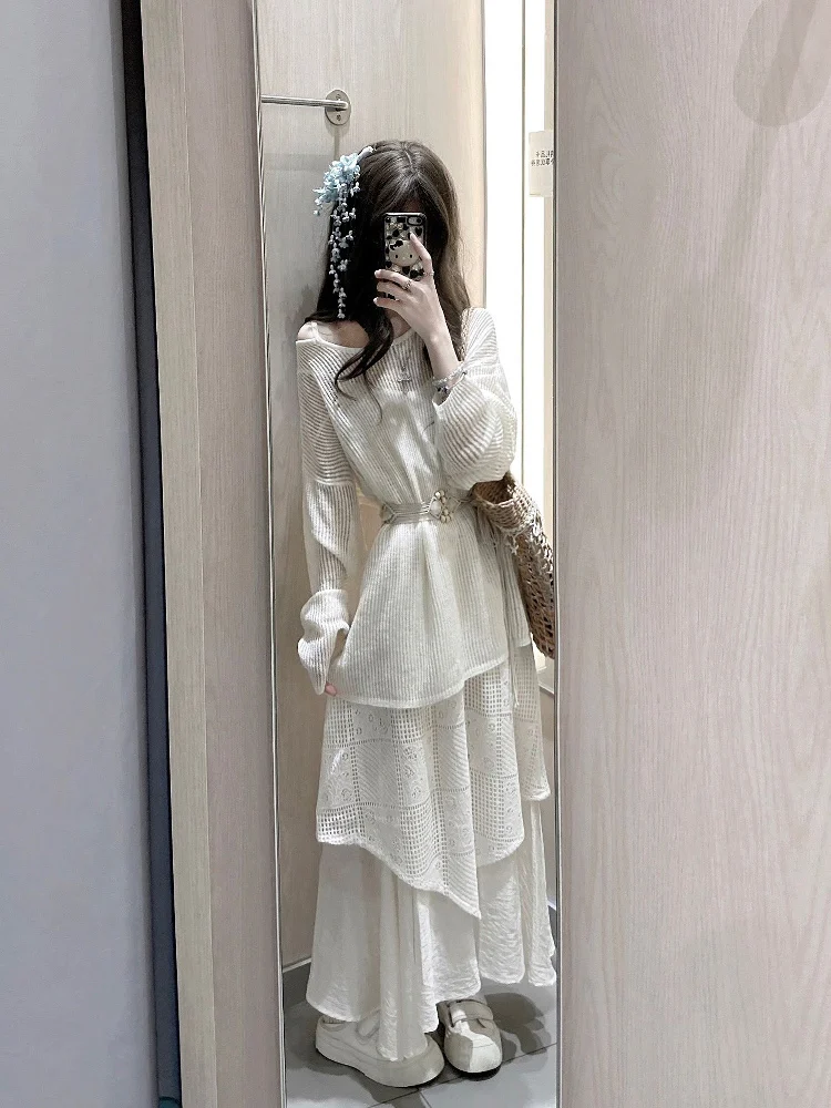 

Early Autumn Beautiful Matching Set Women's Loose Hollow Long Sleeve Sunshade Cover up White Strap Dress Two Piece Set