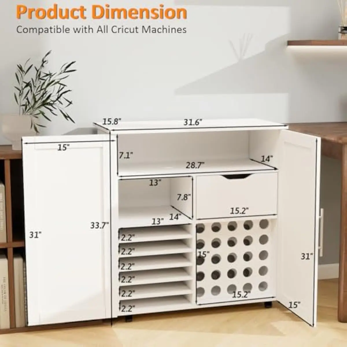 Rolling Craft Station with Magnetic Double Doors and Concealed Storage, 4-Tier Craft Cart with Foldable Desktop and Vinyl Roll Holders for Cricut Machines Workstation