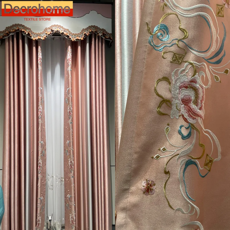 Customized Pink New Chinese Seamless Stitching Embroidered Window Screen Thickened Curtains for Living Room Bedroom French