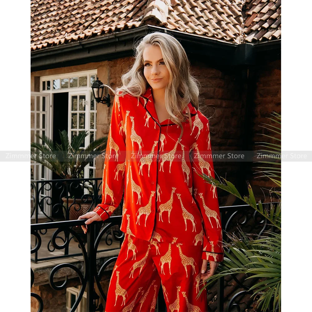 New Year\'s Lunar New Year Giraffe Printing Big Red Silk Satin Long Sleeve Long Pants Homewear Pajamas Women