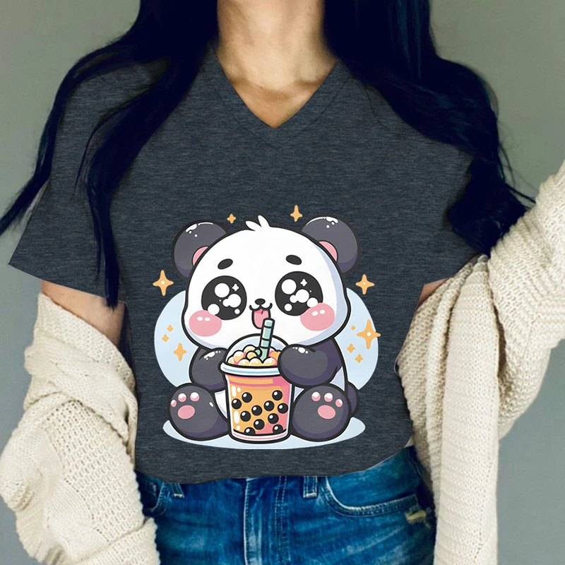 Boba Tea Lover T-Shirt Female Cartoon Kawaii Panda Drinking Classic Bubble Pearl Milk Tea Animal Fashion Woman Short Sleeve Tee