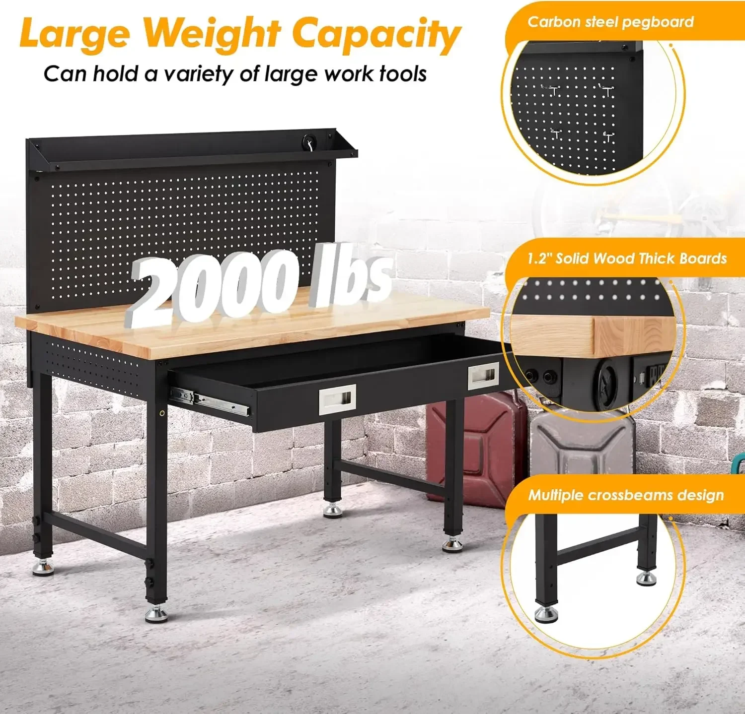 Bancada de trabalho com armazenamento, bancada de mesa de madeira dura com estrutura de metal para garagem com gavetas, capacidade de peso de 2.000 libras 49,5"-61" Adj