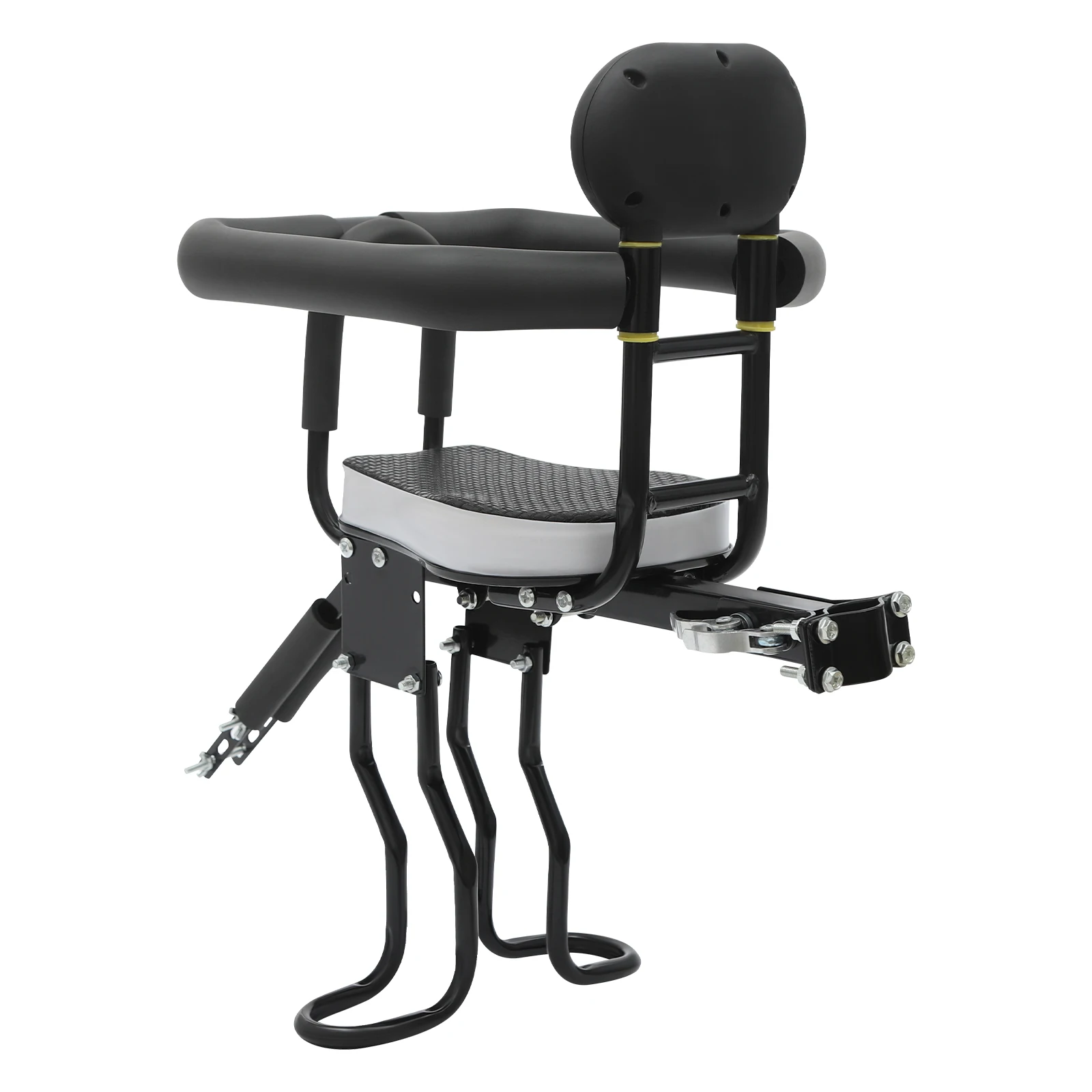 Siège de vélo pour enfant à fixation avant, siège enfant à deux points de fixation, siège avant amovible avec main courante pour tout-petit, construction en acier et polycarbonate