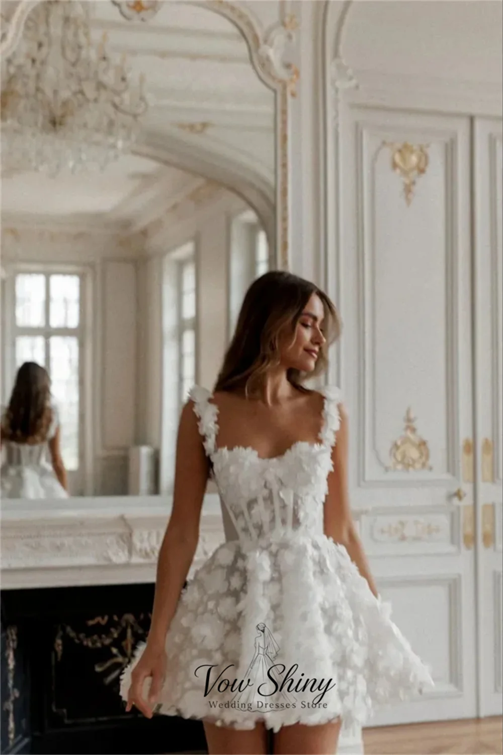Vow Shiny Stylish Spaghetti Strap 3D Floral Appliques Mini Wedding Dresses Tulle A-Line Sleeveless Bridal Gown Customized