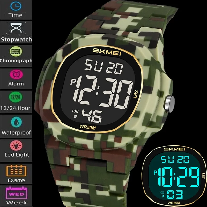 

Skmei модные цифровые часы для мужчин 50 м водонепроницаемые светодиодный хронограф для плавания будильник мужские спортивные часы-браслет