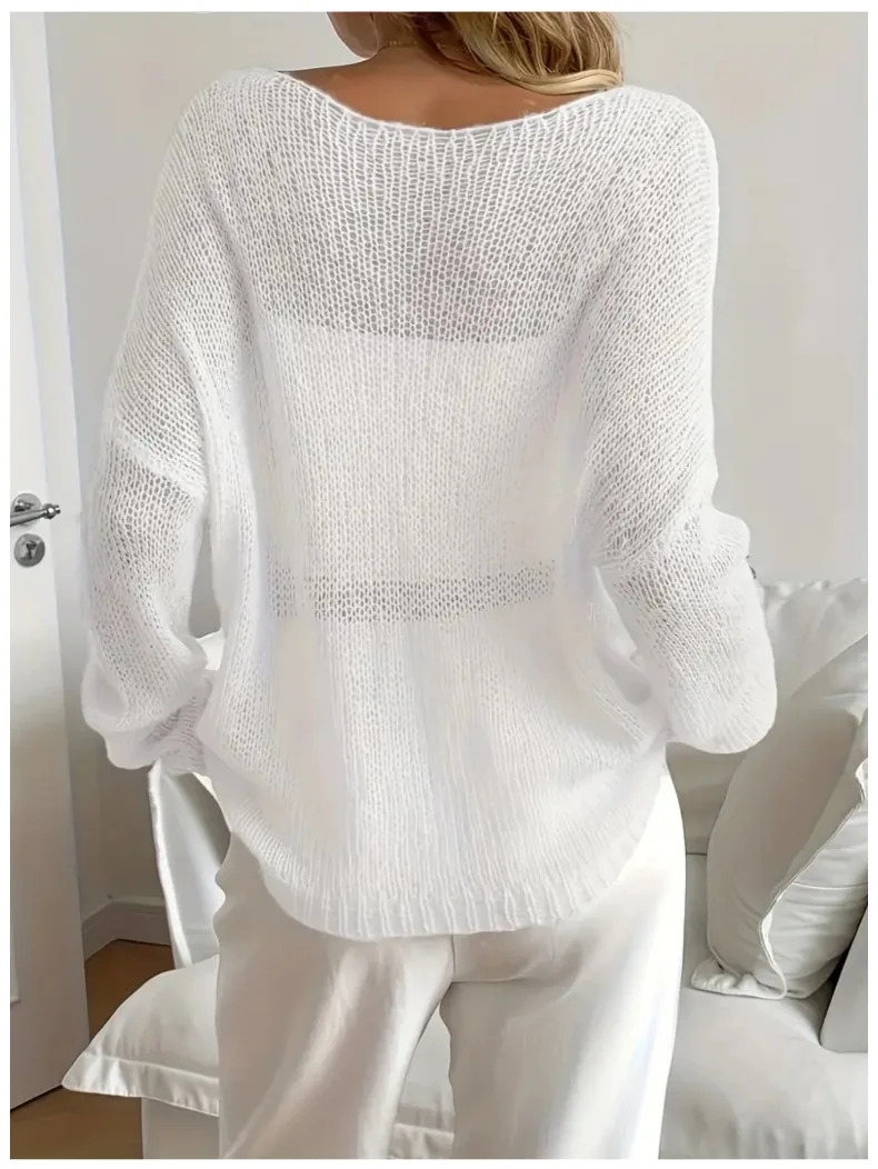 Hollow Knitted Women's Top European and American Spring and Autumn New Style Lazy Style Perspective Thin Horn Sleeve