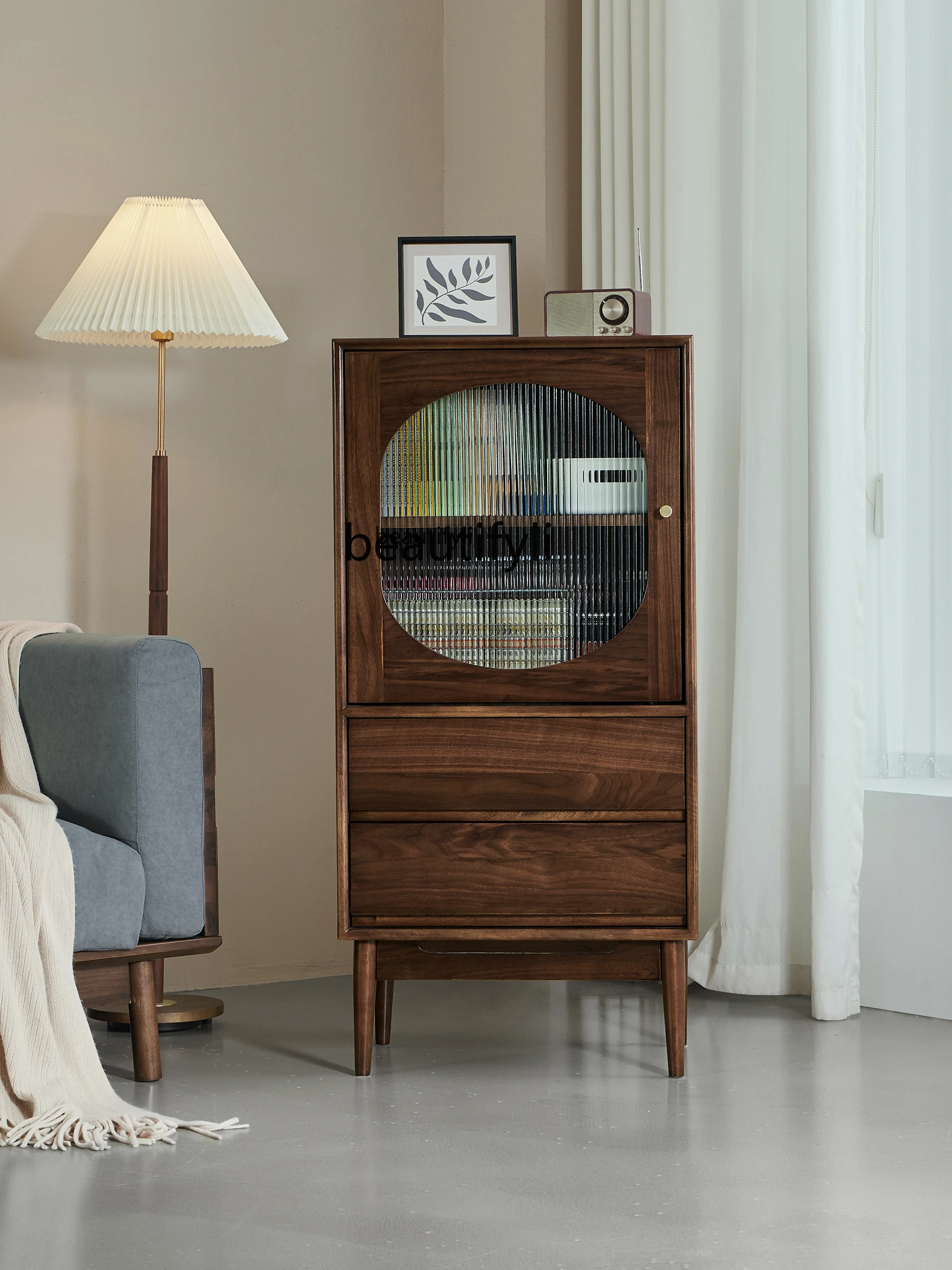 

3Small Wine Cabinet Living Room Storage Locker Nordic TV Side Cabinet Sofa Corner Cabinet Black Walnut Color