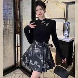 Spring 2024 New Women's Chinese Style Hanfu Set Button Bottom Top With High Waist And Pleated Horse Face Skirt Two Piece Set