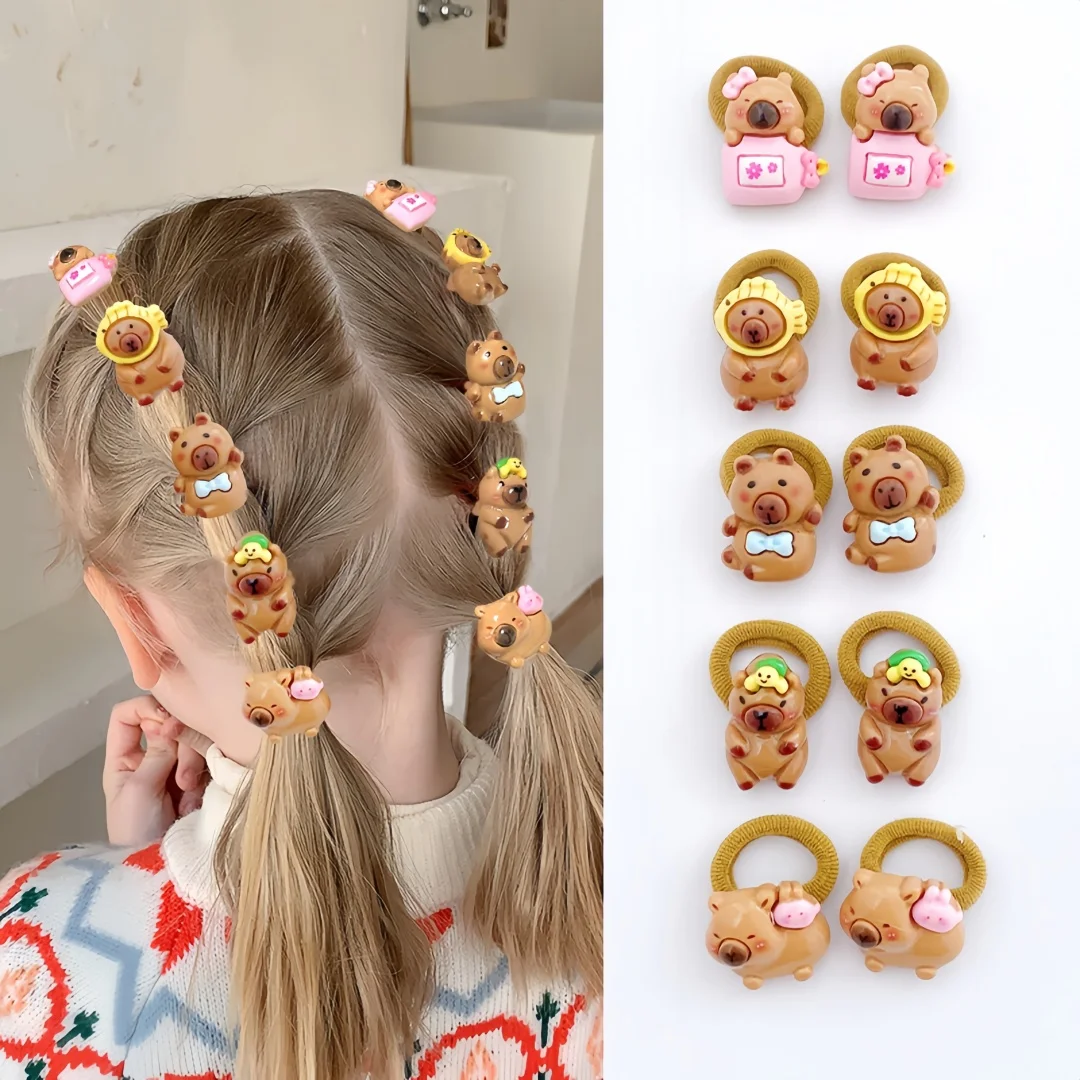 10Pcs Cute Capybara Hair Ties for Girls Colorful Cartoon Resin Towel Loop Bands Non-Slip Hair Accessories for Kids Daily Casual