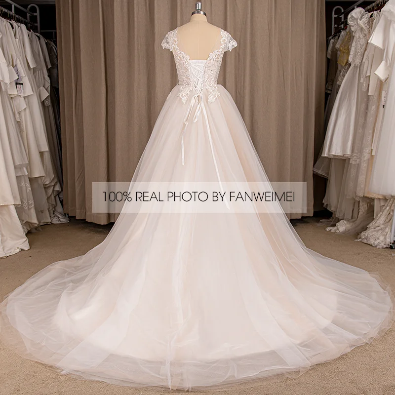 Vestido de novia coreano con cuello redondo, blanco, champán y marfil, línea A, encaje, Espalda descubierta, 7731