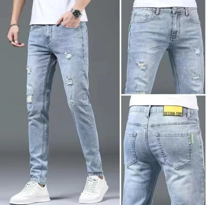 

New Spring and Autumn Blue Washed Korean Fashion Casual Solid Slim Cowboy Stretch Denim Teenagers Luxury Pants Tight Men Jeans