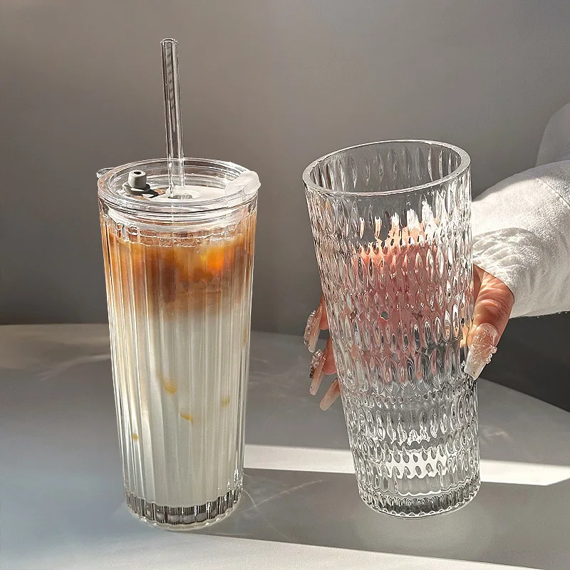 

500ML Stripe Transparent Glass Cup With Lid and Straw Thickened Coffee Cup Drinking Glasses For Milk Tea Juice Iced