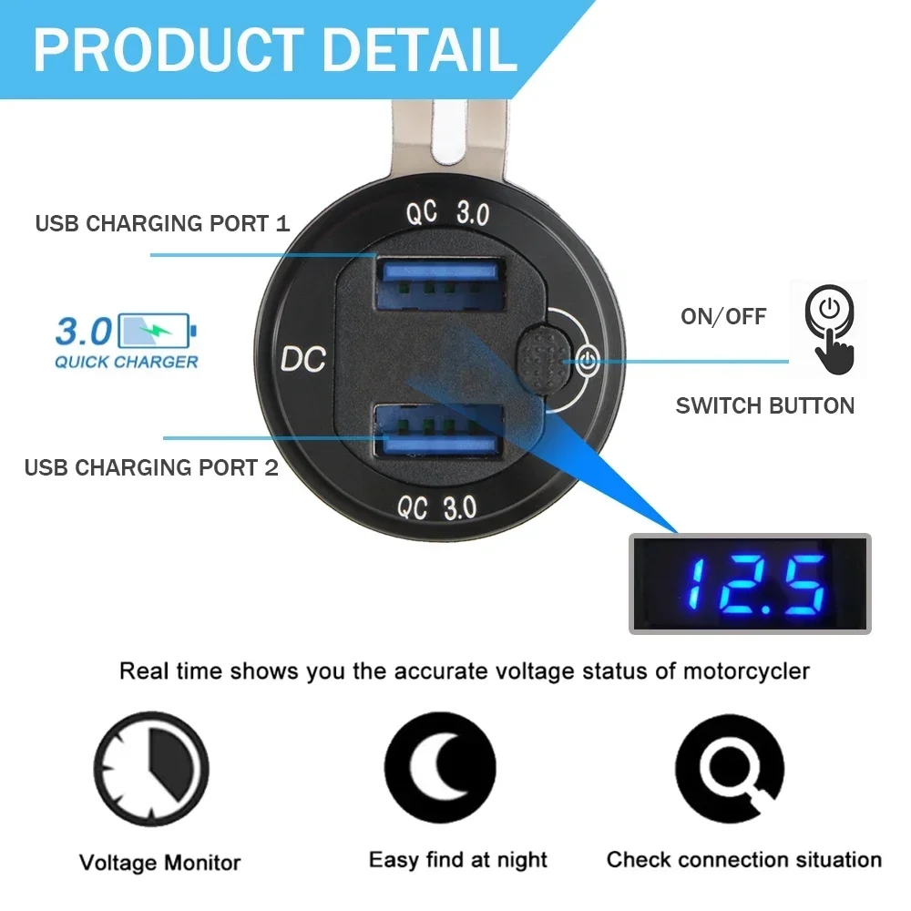 DIN Hella Plug USB PD 3.0 QC3.0 USB Charger Power Adapter Voltmeter with ON-Off Switch For BMW For Ducati For Triumph Tiger900