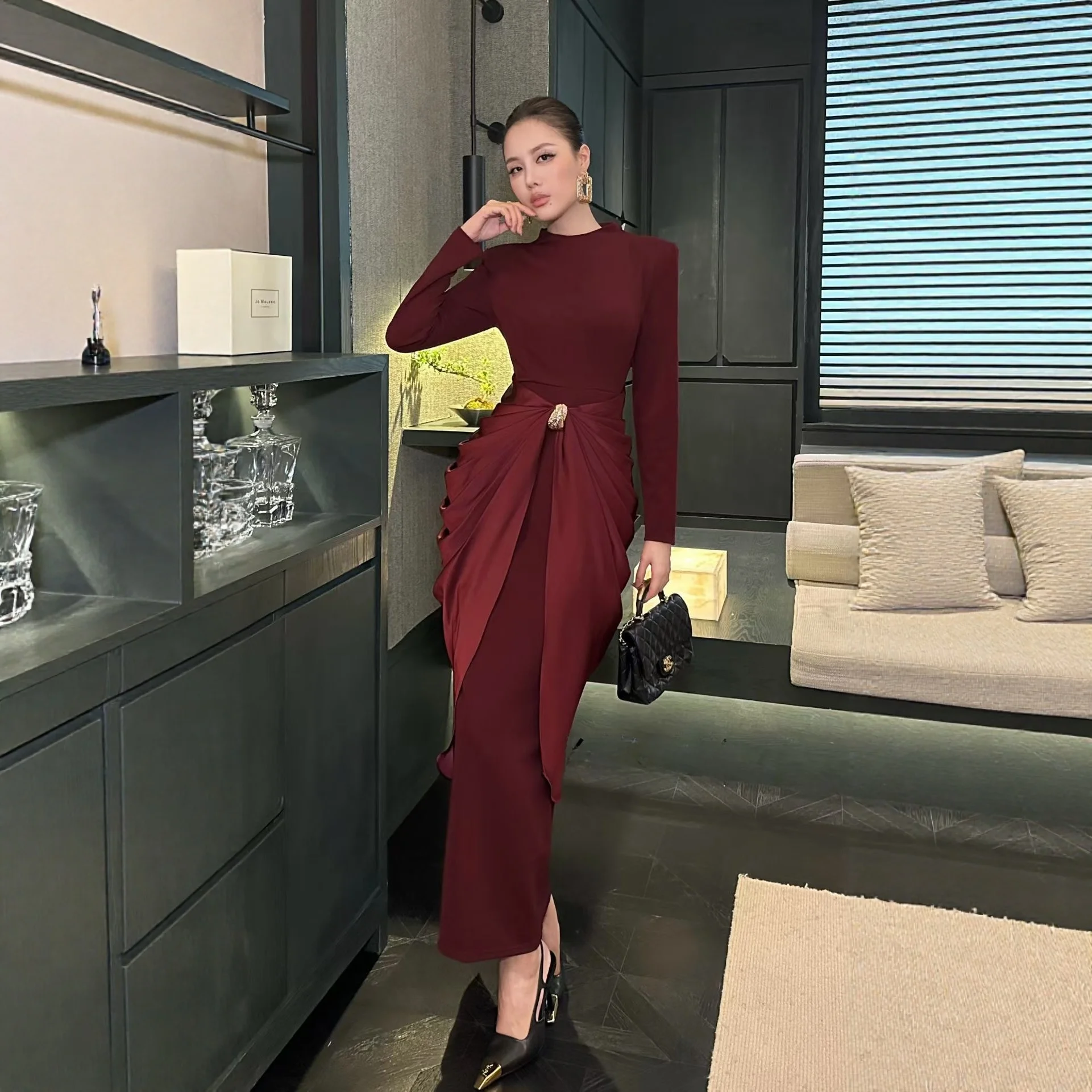 Ele Diseño de cintura adelgazante Largo Dr Faionable Ladylike Sle Full Sve Mezcla de nailon y algodón para ropa de noche de mujer