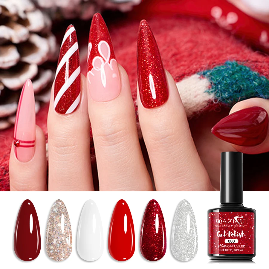 

QAZIXU 6 шт., 10 мл, красный гель-лак для ногтей, блестящий красный зимний лак для дизайна ногтей, полуперманентный УФ-гель для салона дома