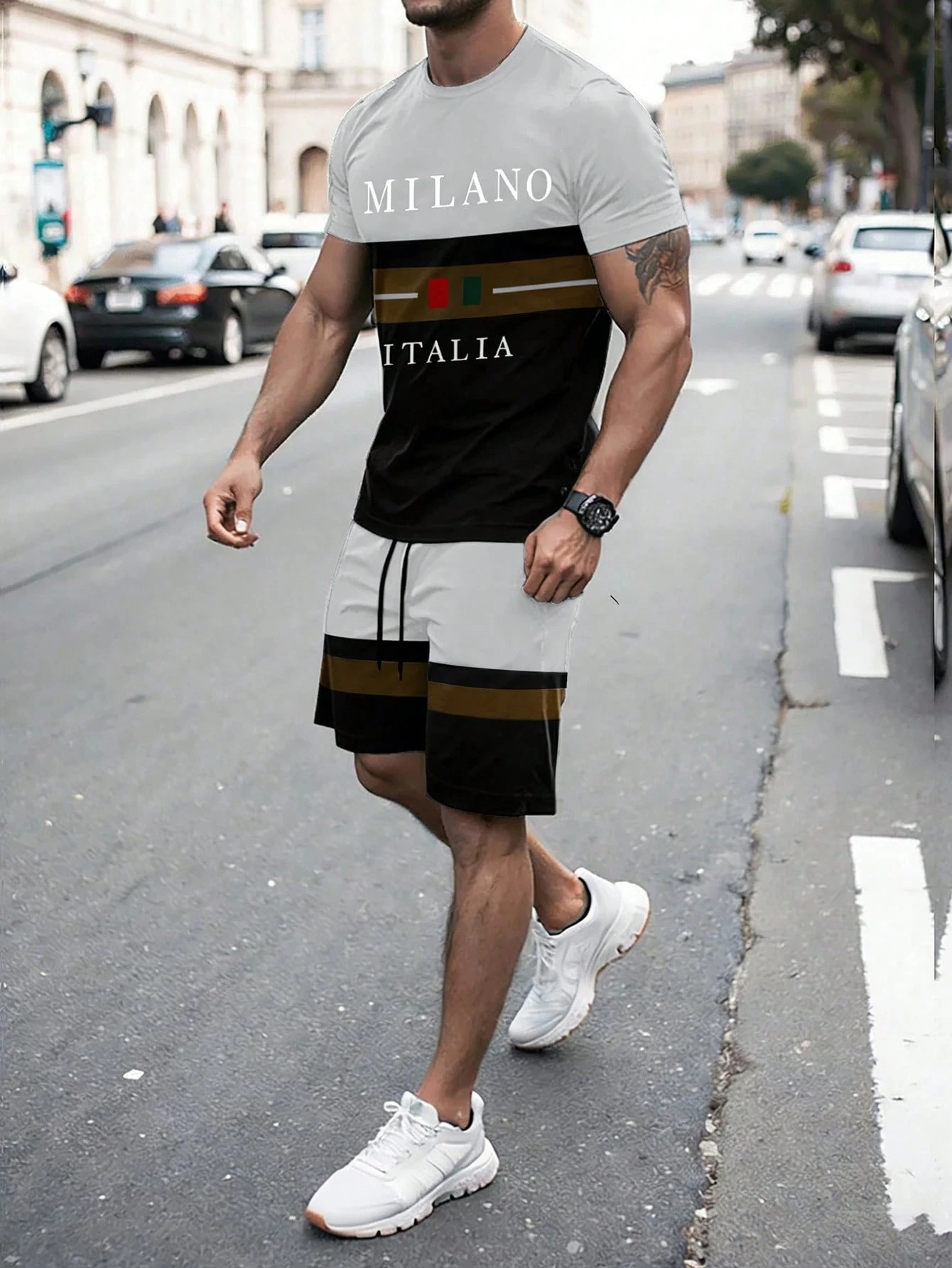 

Новинка лета 2026: Мужской повседневный комплект из двух предметов – футболка в полоску с буквенным принтом и спортивные шорты. Комплект для фитнеса и спорта.