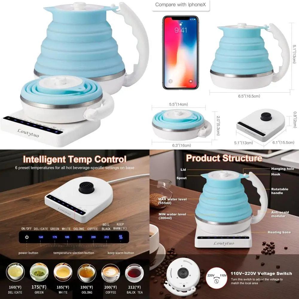 

Portable Food-Safe Silicone Electric Kettle, 555ML, Variable Temp, Dual Voltage, Auto Off, Boil Dry Guard, 110-220V, Blue