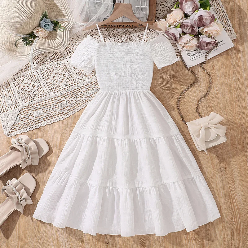 2025 New Arrival Girls Short Sleeve Slash Neck White Infantil Menina Cute Holiday Night Party Princess Dress Custume 8-12T