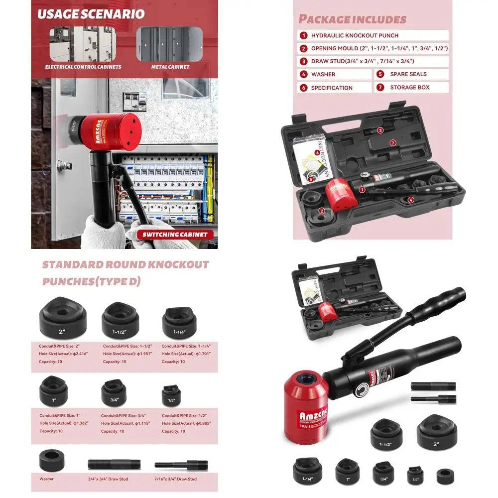 

Гидравлический пробивочный набор для отверстий в трубах диаметром от 1/2 до 2 дюймов, комплект инструментов KO с дополнительным резаком (красный)