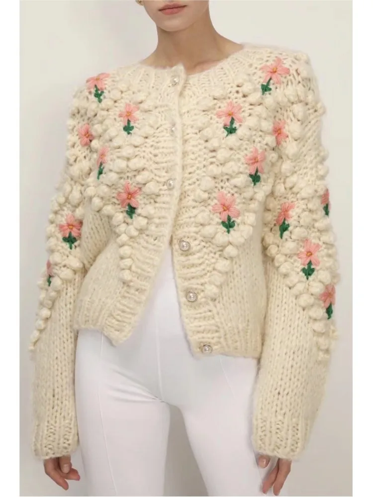 Herfst en winter nieuwe handgemaakte haakborduurwerk hennep parelknop gebreide trui vest jas dames trui met lange mouwen