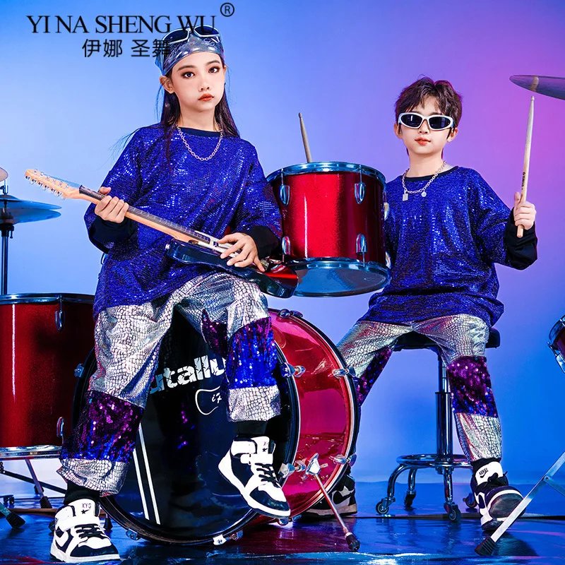 Childrens Hip Hop Dance Outfits Boys Girls Street Performance Costume Cool Stage Wear Sparkle Sequin New Year Party Clothing