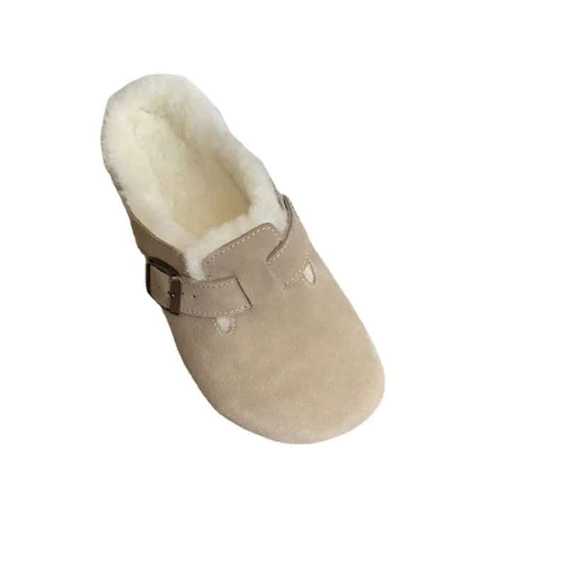 Zapatillas de punta redonda de cuero de gamuza para mujer, Sandalias planas cálidas de piel interior de invierno, toboganes de felpa para mujer,